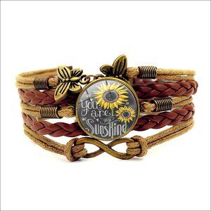 Adjustable Sunflower Leather Bracelet with Inspirational Quote Charm